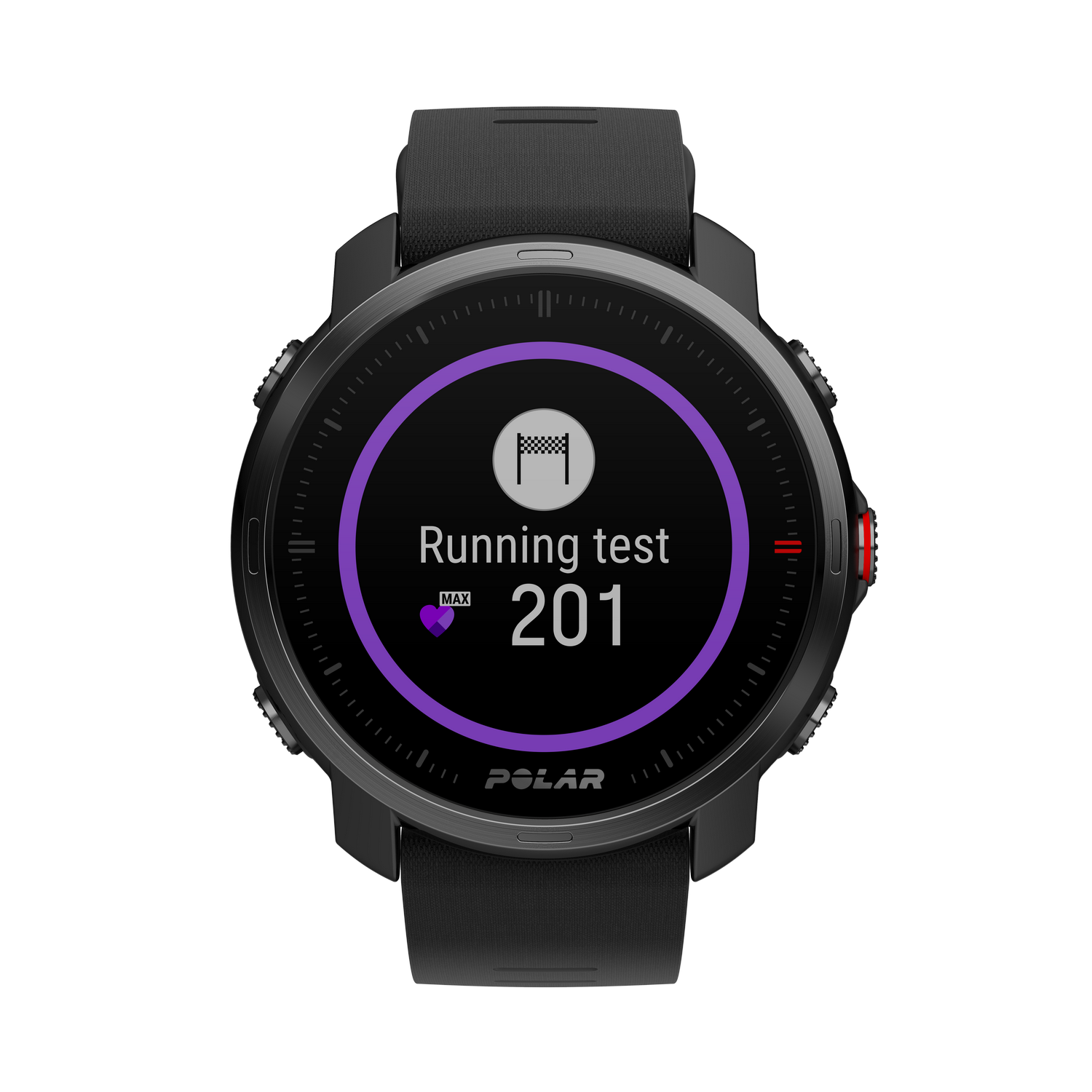 Smartwatch negra con pantalla morada que muestra el resultado de una prueba de carrera. Correa negra.
