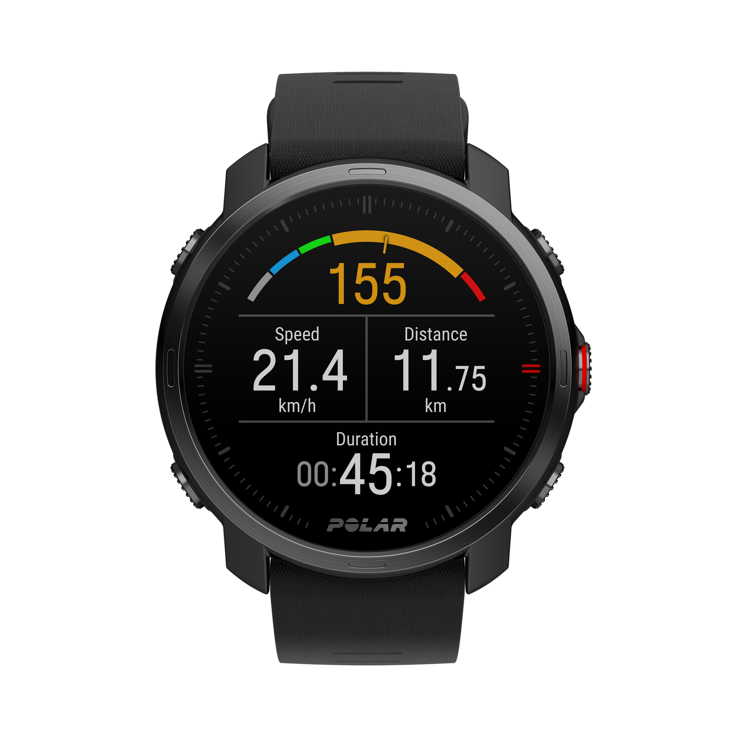 Un reloj deportivo negro con datos de velocidad, distancia y duración en la pantalla.