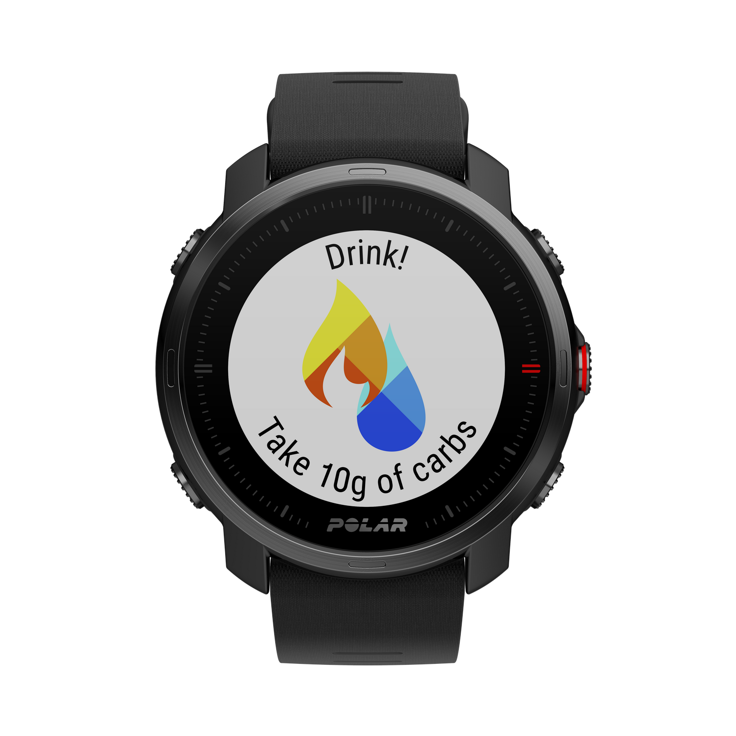 Reloj inteligente negro. Pantalla muestra información de ingesta de agua/carbohidratos.