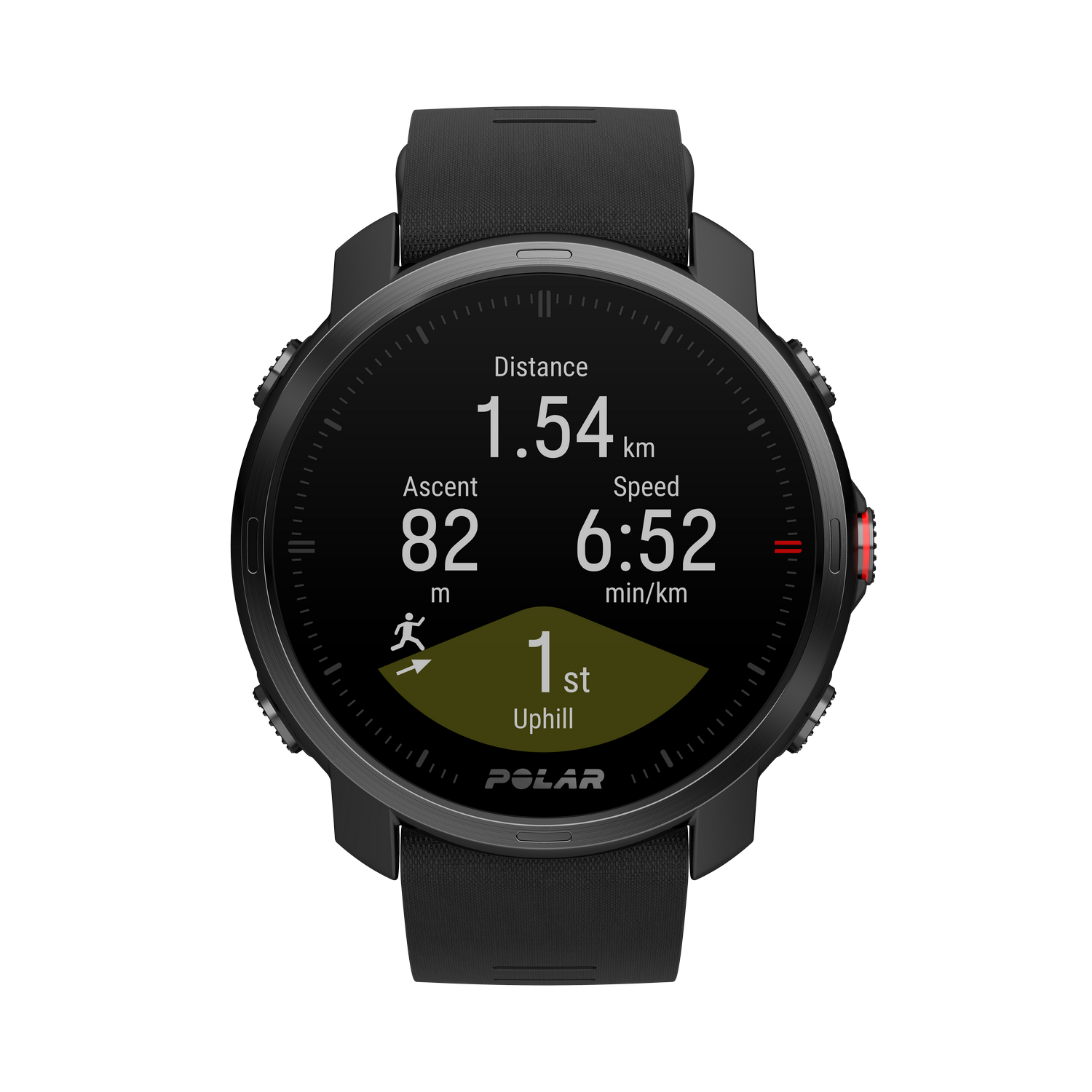 Reloj deportivo Polar negro mostrando métricas de distancia, ascenso y velocidad.