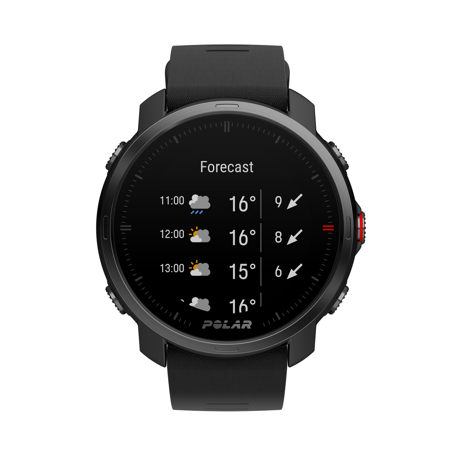 Reloj inteligente que muestra un pronóstico del tiempo con diferentes condiciones de nubes.