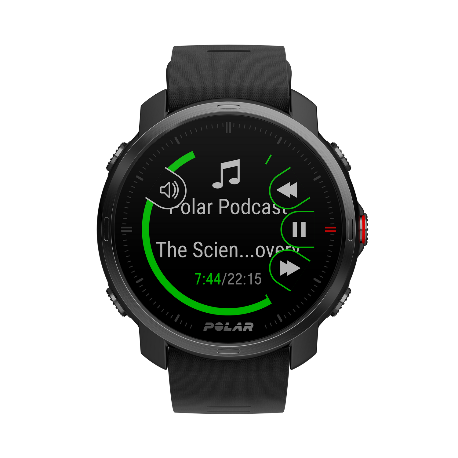 Un reloj inteligente negro con una pantalla circular que muestra controles de música e información de podcasts. Fondo negro.