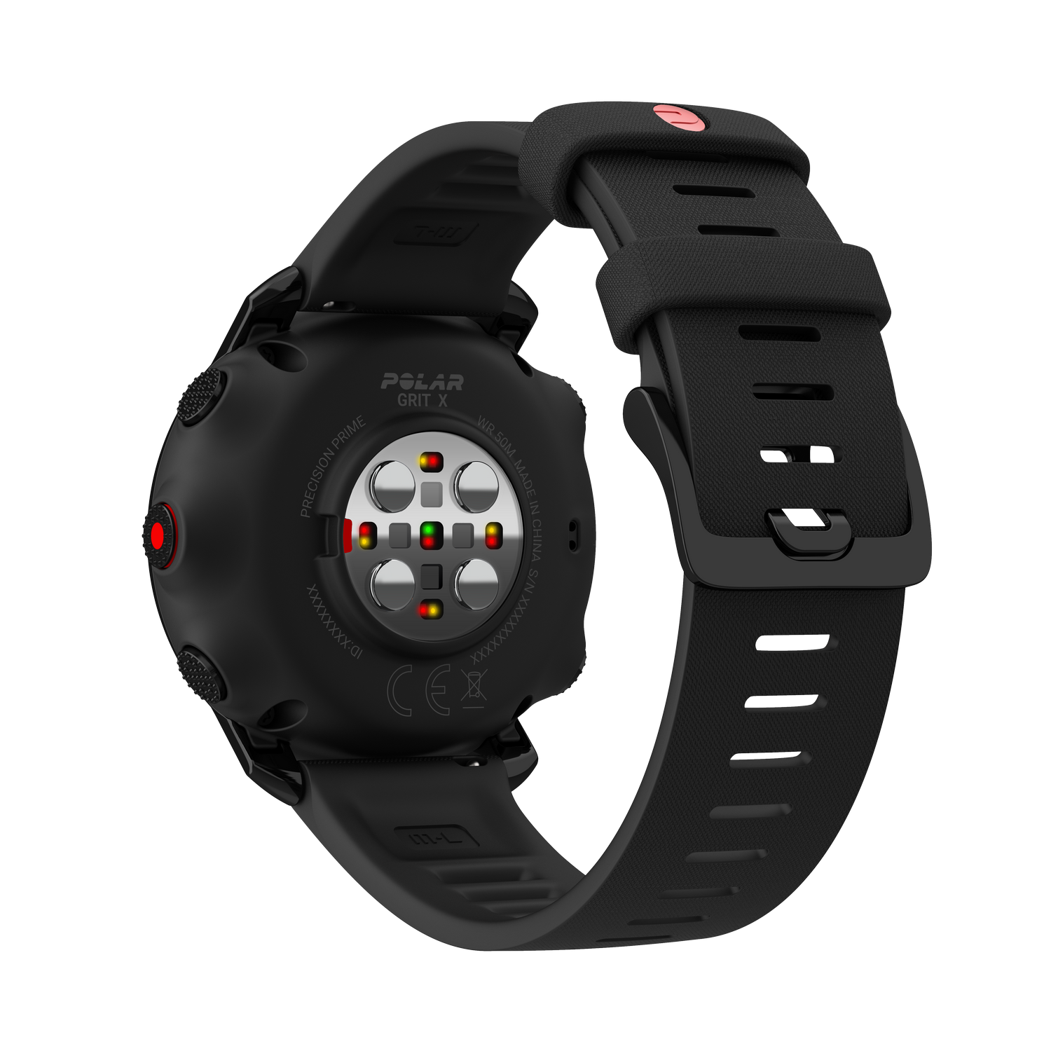 Parte trasera de un reloj Polar Grit X con sensores y correa negra.