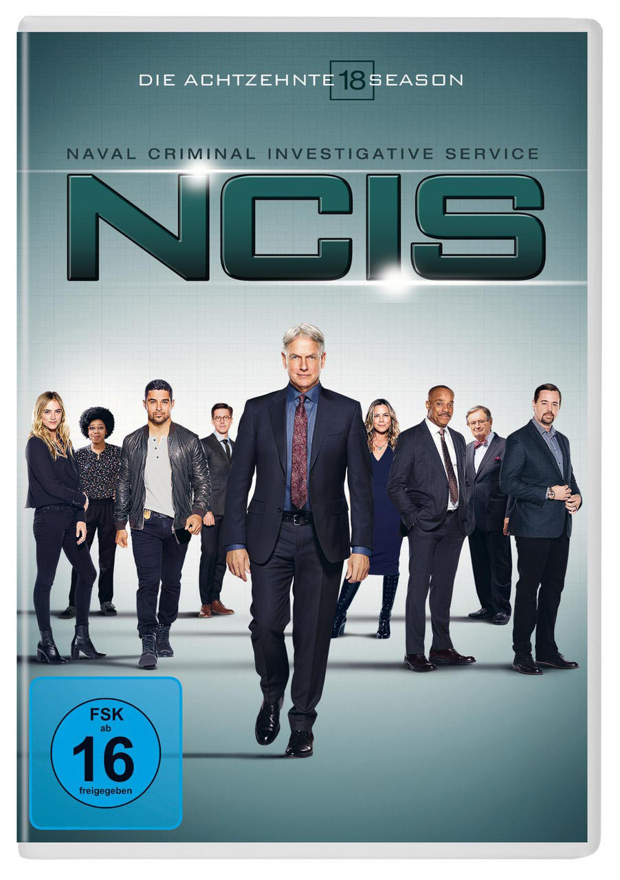 NCIS DVD-Cover. Gruppe von Schauspielern in einer Reihe, mit Text. Blauer Hintergrund und Logos.