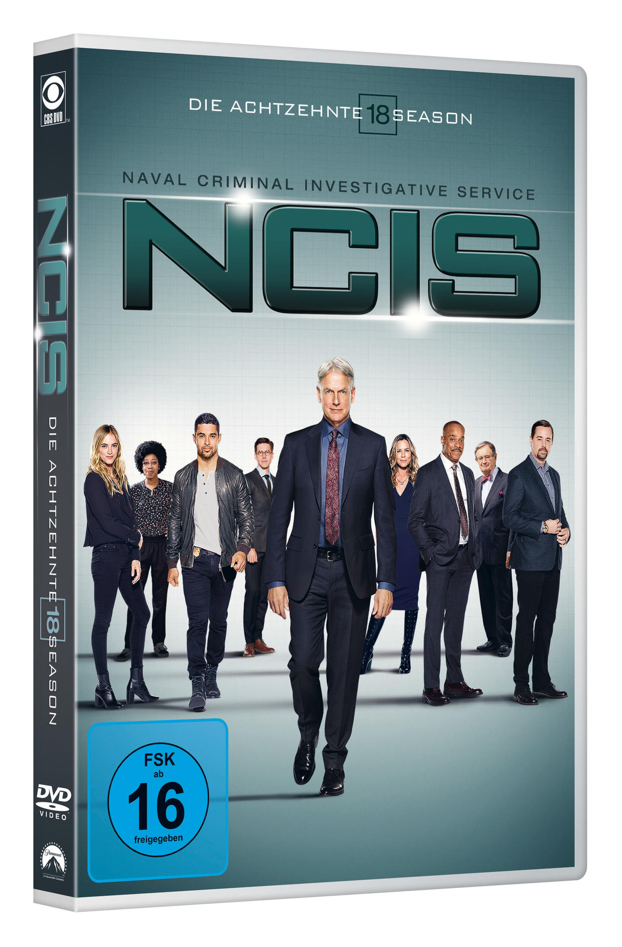 NCIS Staffel 18 DVD-Cover. Eine Gruppe von Leuten steht vor hellblauem Hintergrund.