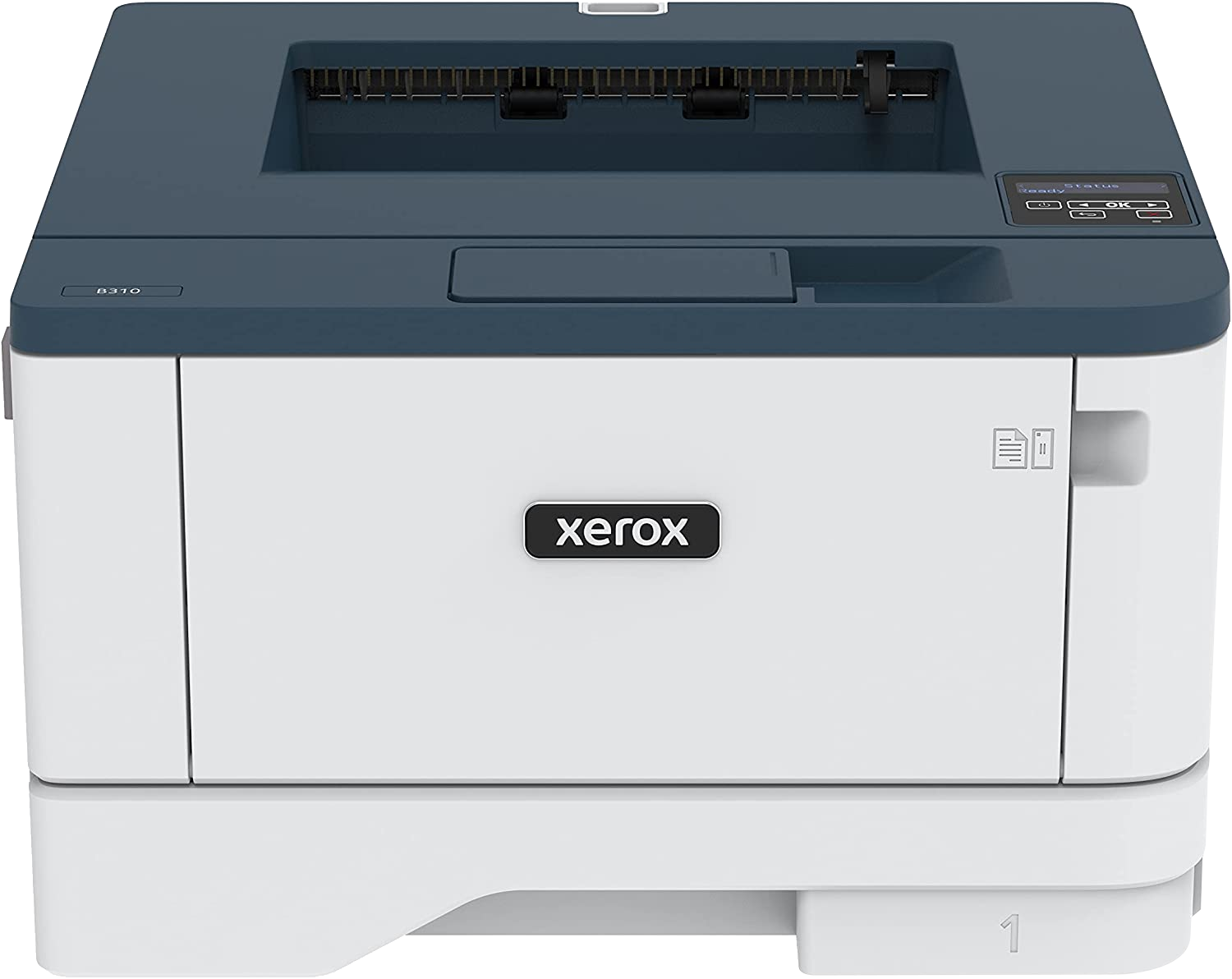 Egy fehér és kék Xerox nyomtató, elölnézet, címkével az elején.