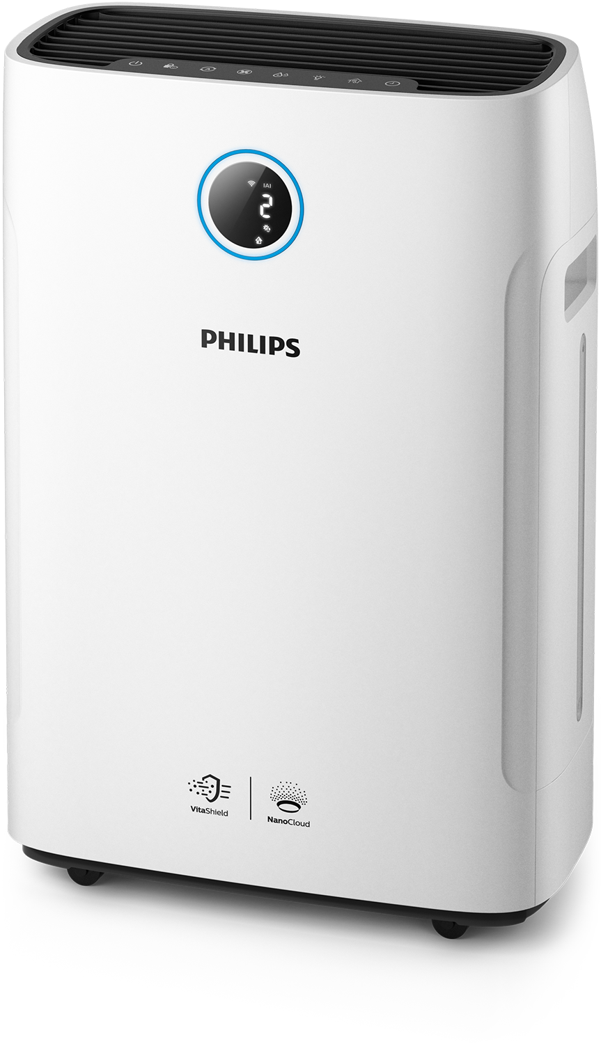 Een witte Philips luchtreiniger met een blauw display en ventilatieopeningen.
