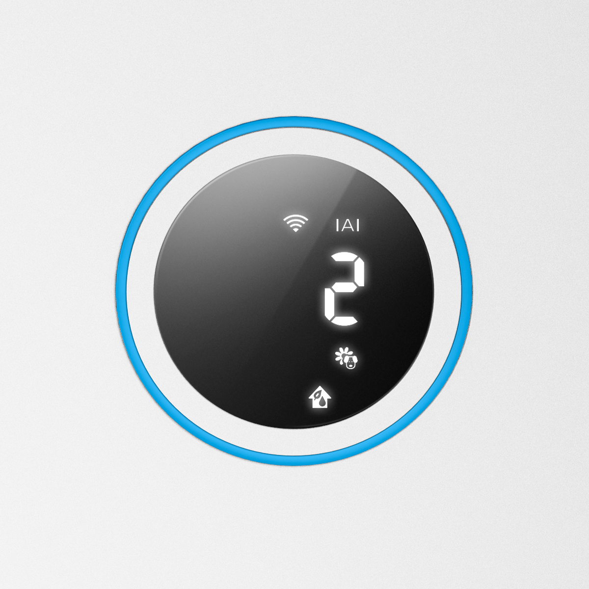 Een close-up van een wit apparaat met een blauwe ring. Het heeft cijfers en wifi-symbool.