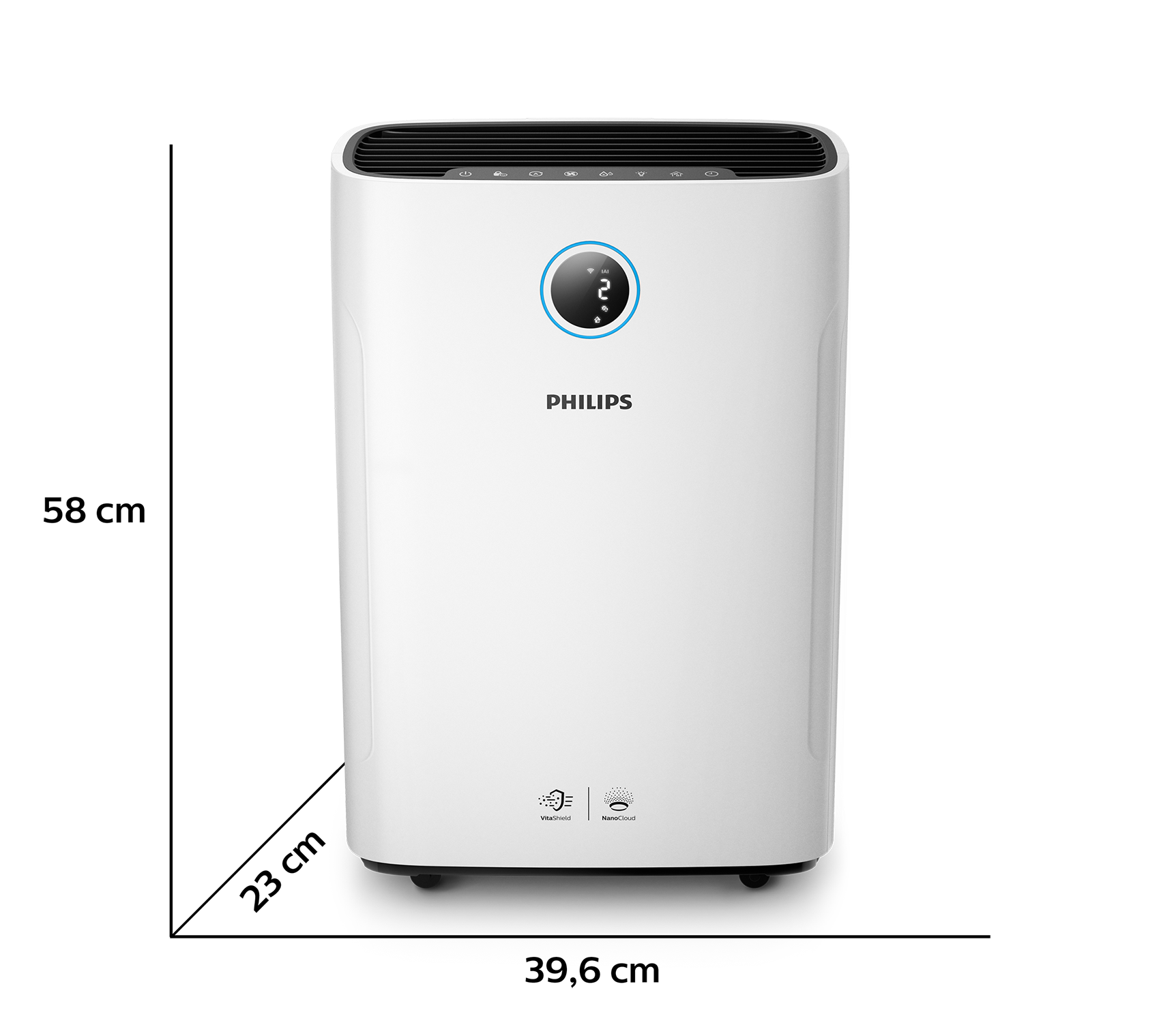 Een witte Philips luchtreiniger met een display dat een nummer weergeeft.