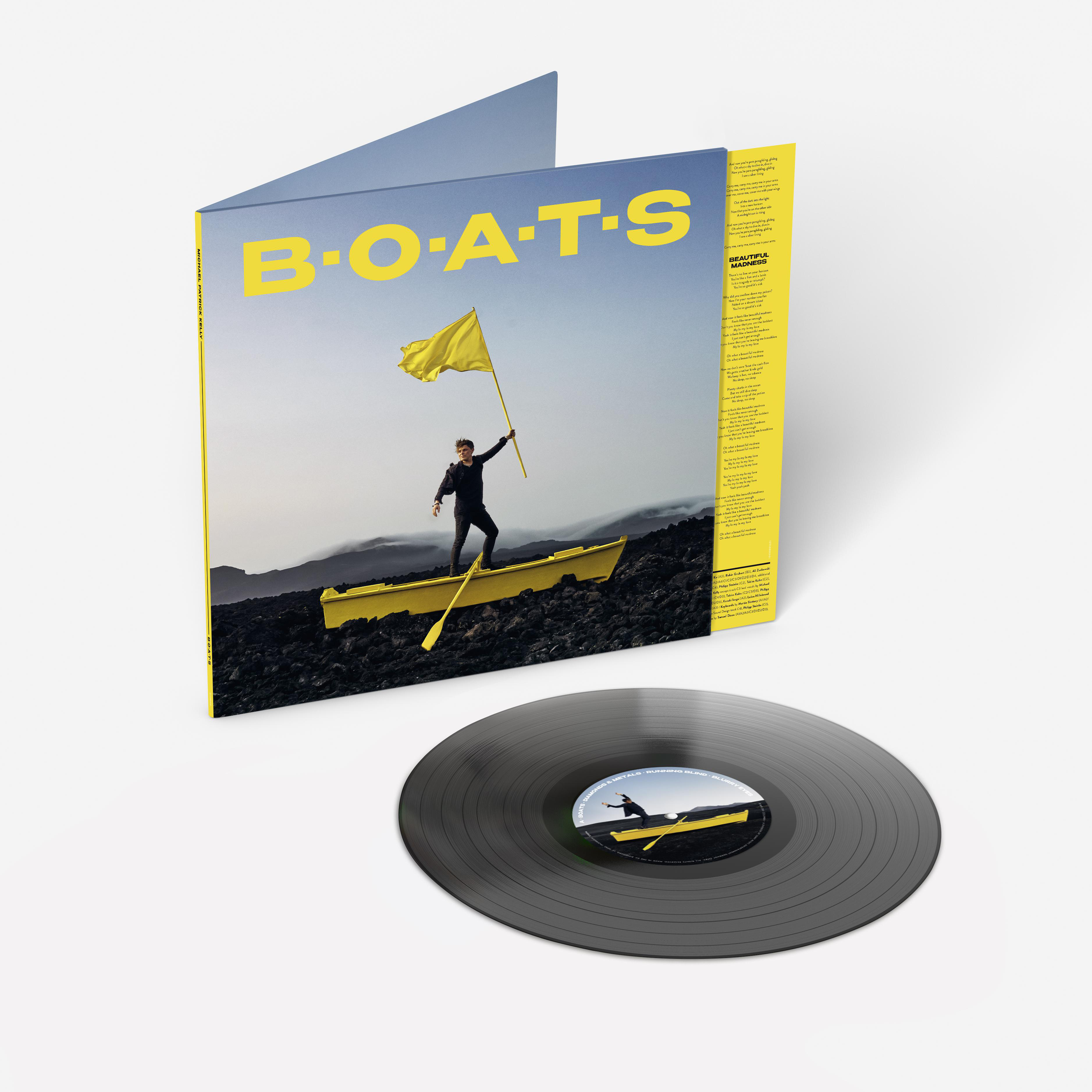 Albumcover mit einem Mann in einem gelben Boot, der eine Flagge hält, und einer Schallplatte.