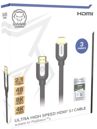 Câble HDMI noir dans une boîte blanche avec des accents bleus. La boîte porte le logo HDMI et du texte.