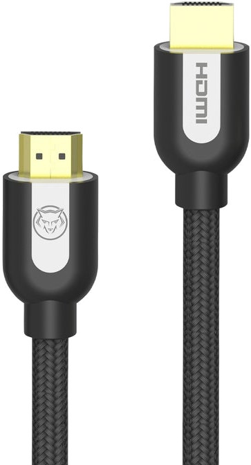Câble HDMI noir et or, avec un câble tressé noir et la marque HDMI visible.
