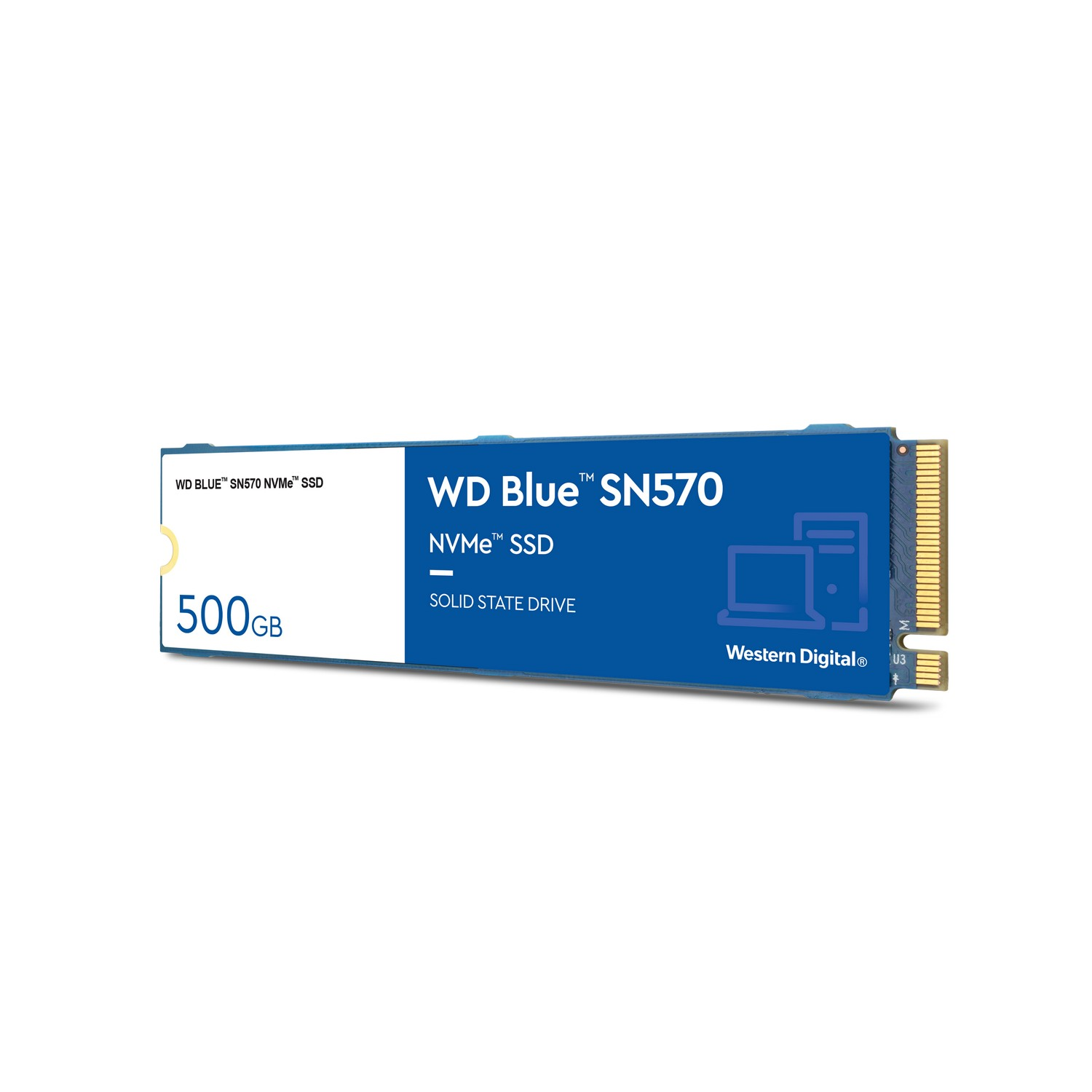 Una tarjeta SSD NVMe WD Blue SN570 azul, con etiquetas blancas y azules.