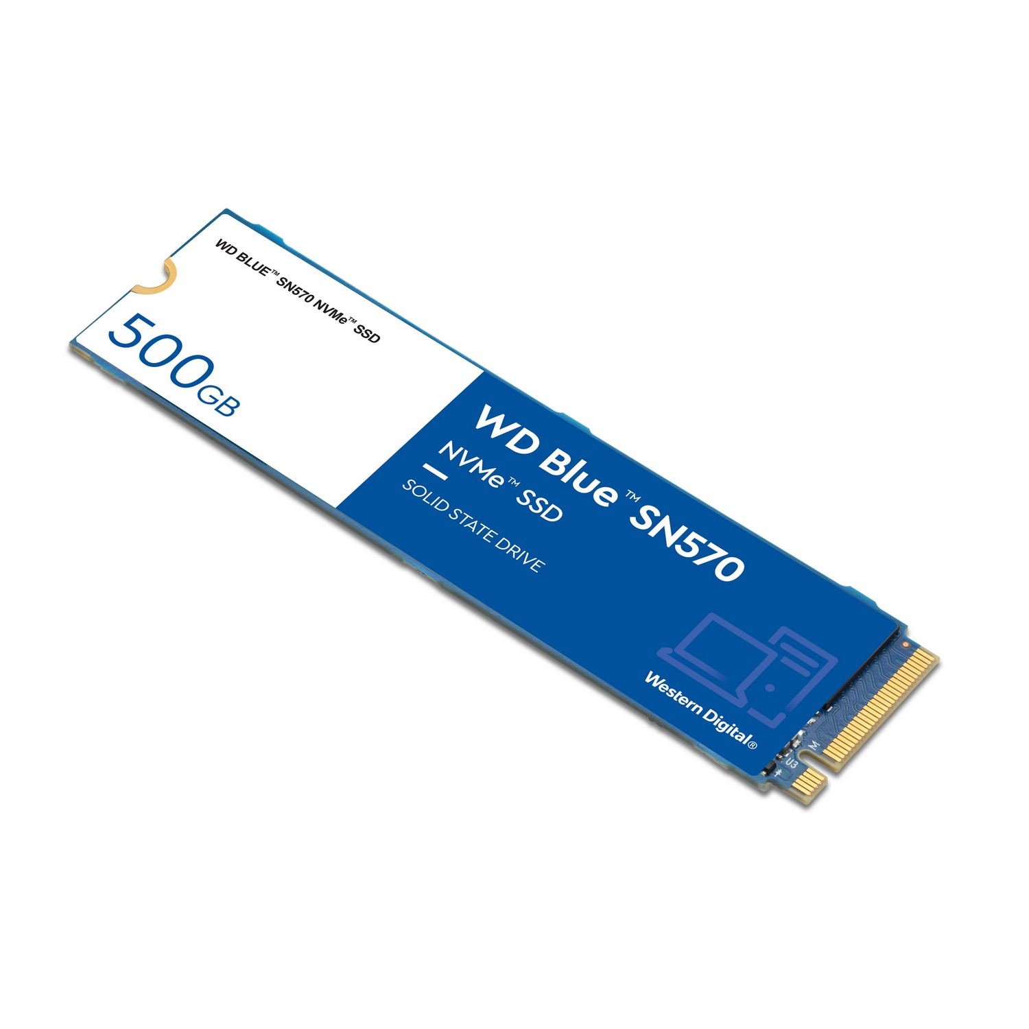Una SSD NVMe WD Blue SN570 sobre un fondo blanco, con texto.