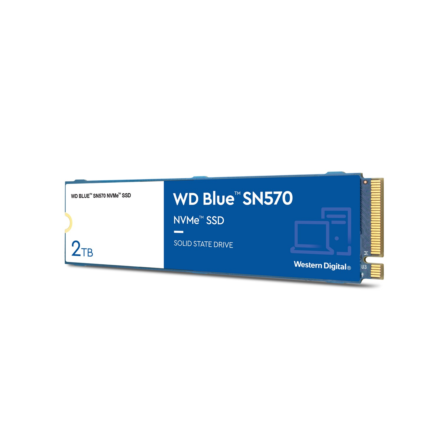 SSD NVMe azul con etiqueta "WD Blue SN570" y logotipo de Western Digital sobre fondo blanco.