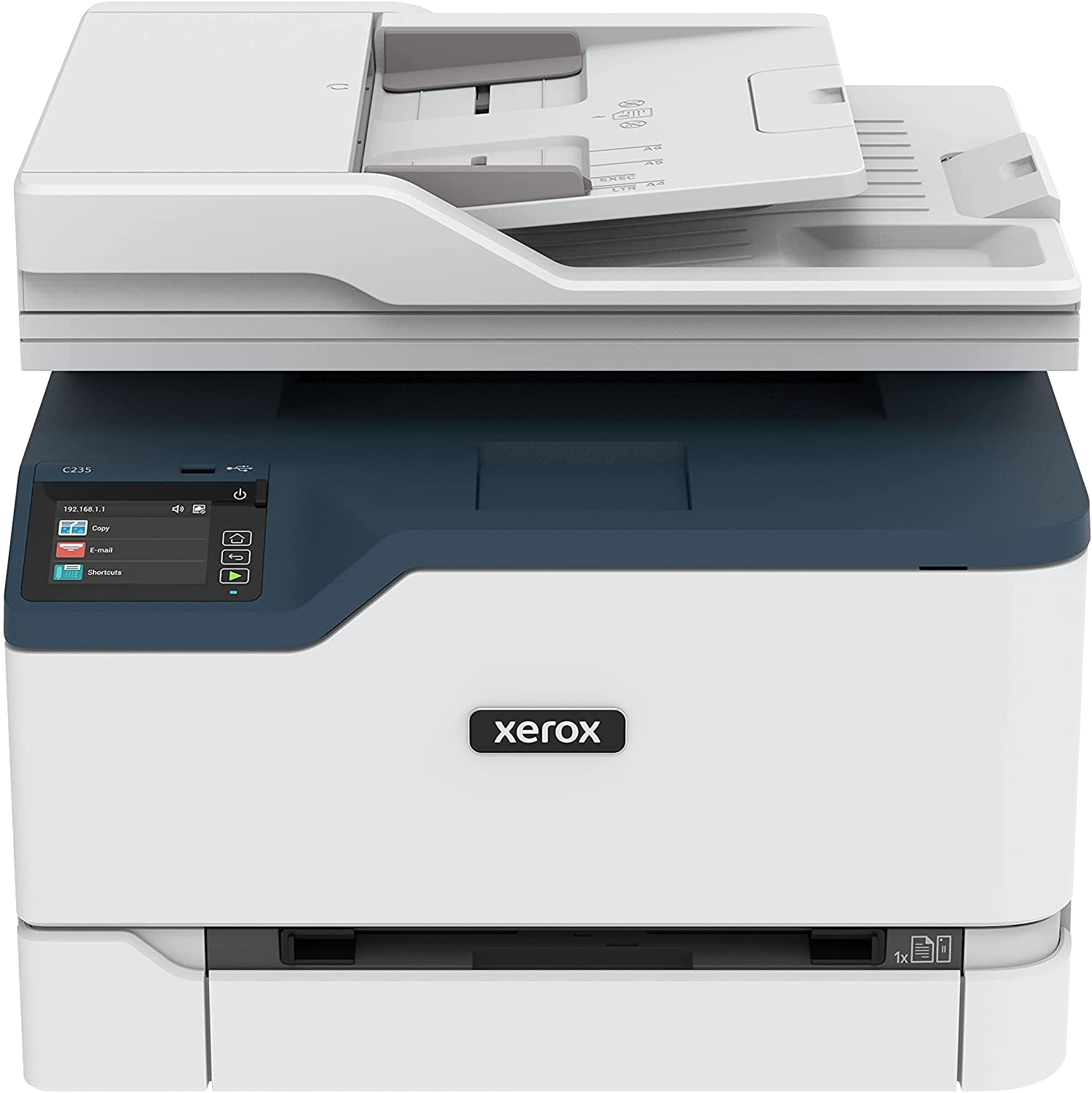 Xerox nyomtató, fehér és sötétkék. A papírtálca nyitva, a vezérlőpanel látható.