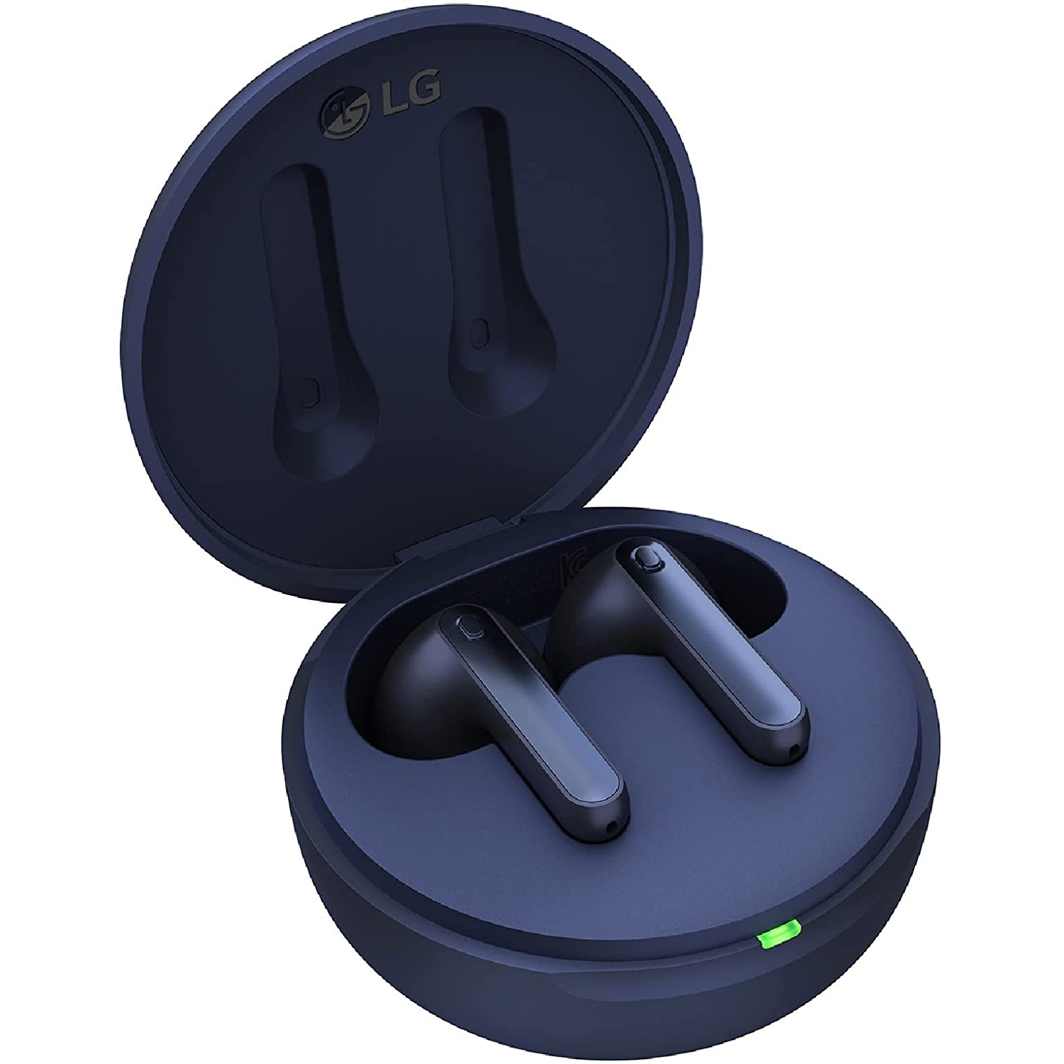 Estuche de auriculares azul oscuro abierto, con dos auriculares negros.