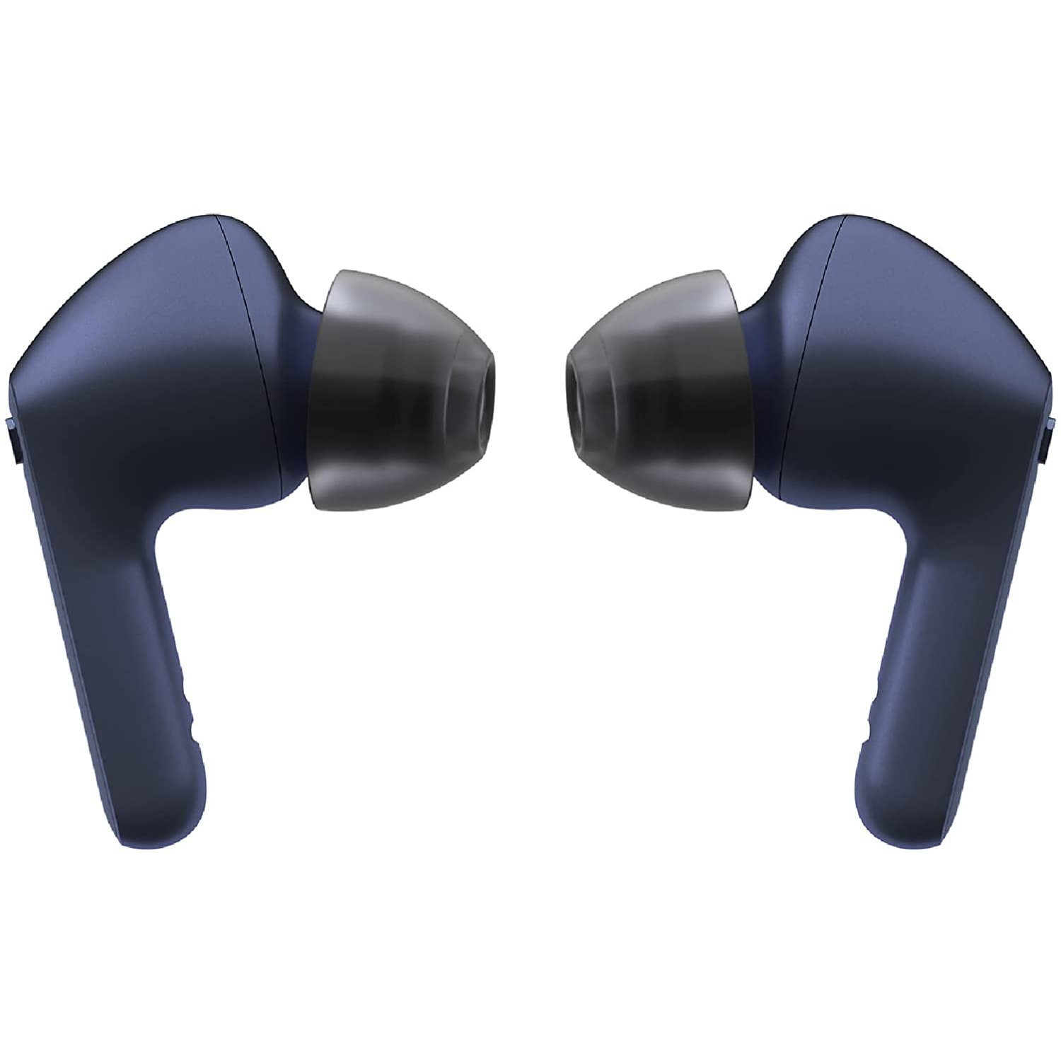 Dos auriculares inalámbricos azules sobre fondo blanco, angulados entre sí.