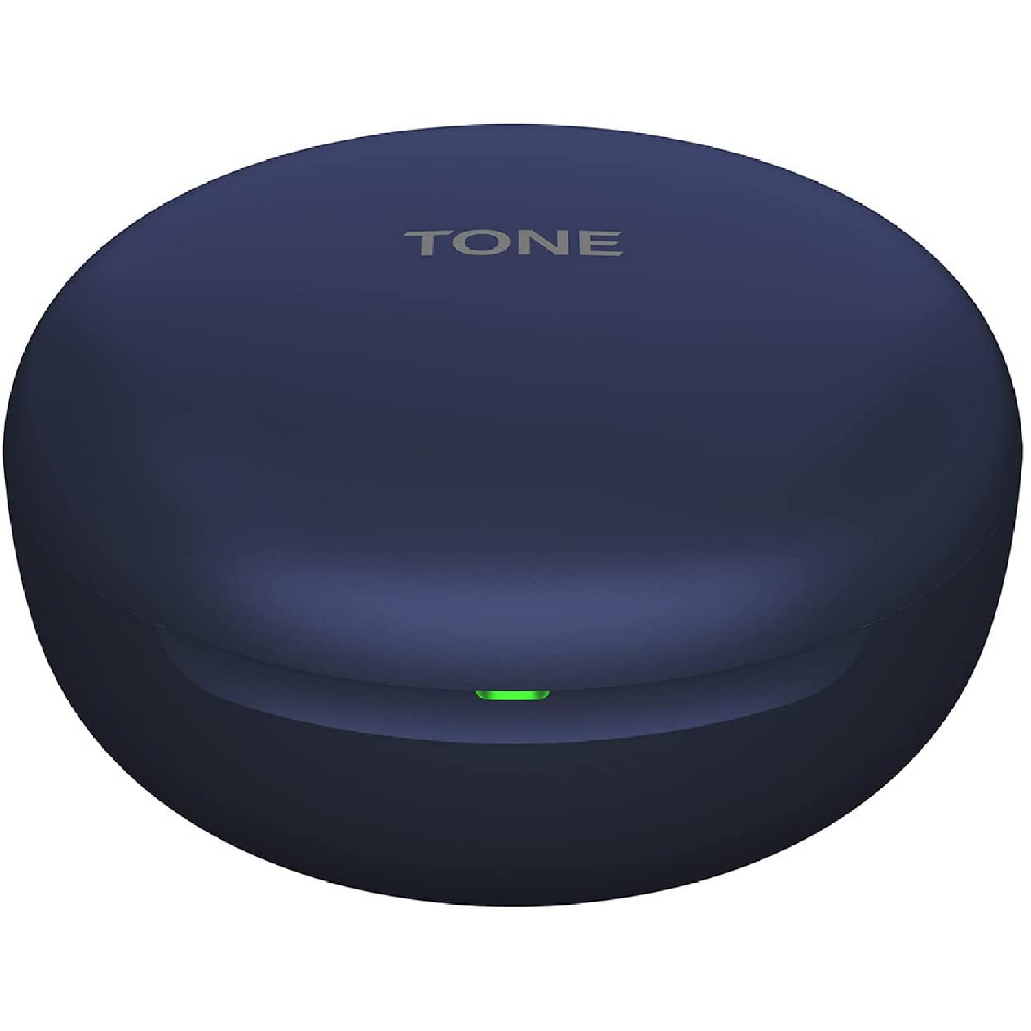 Una funda de auriculares ovalada de color azul oscuro con la palabra "TONE" impresa.