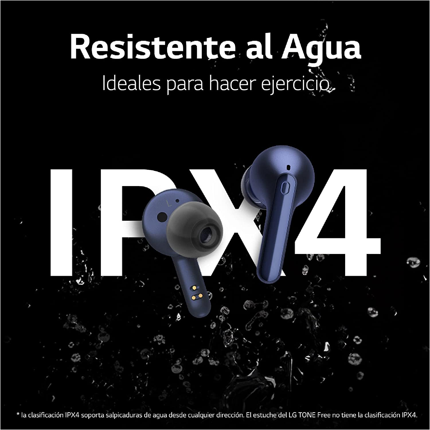 Auriculares inalámbricos azules con texto 'IPX4' sobre fondo negro.