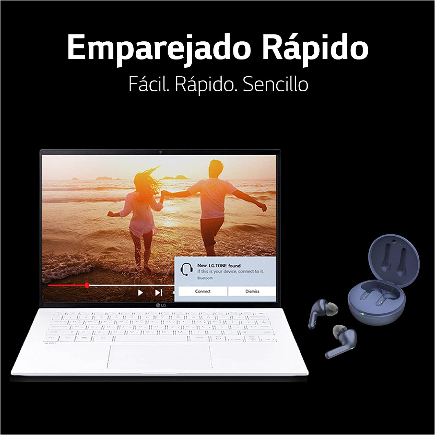 Ordenador portátil blanco con auriculares inalámbricos al lado.