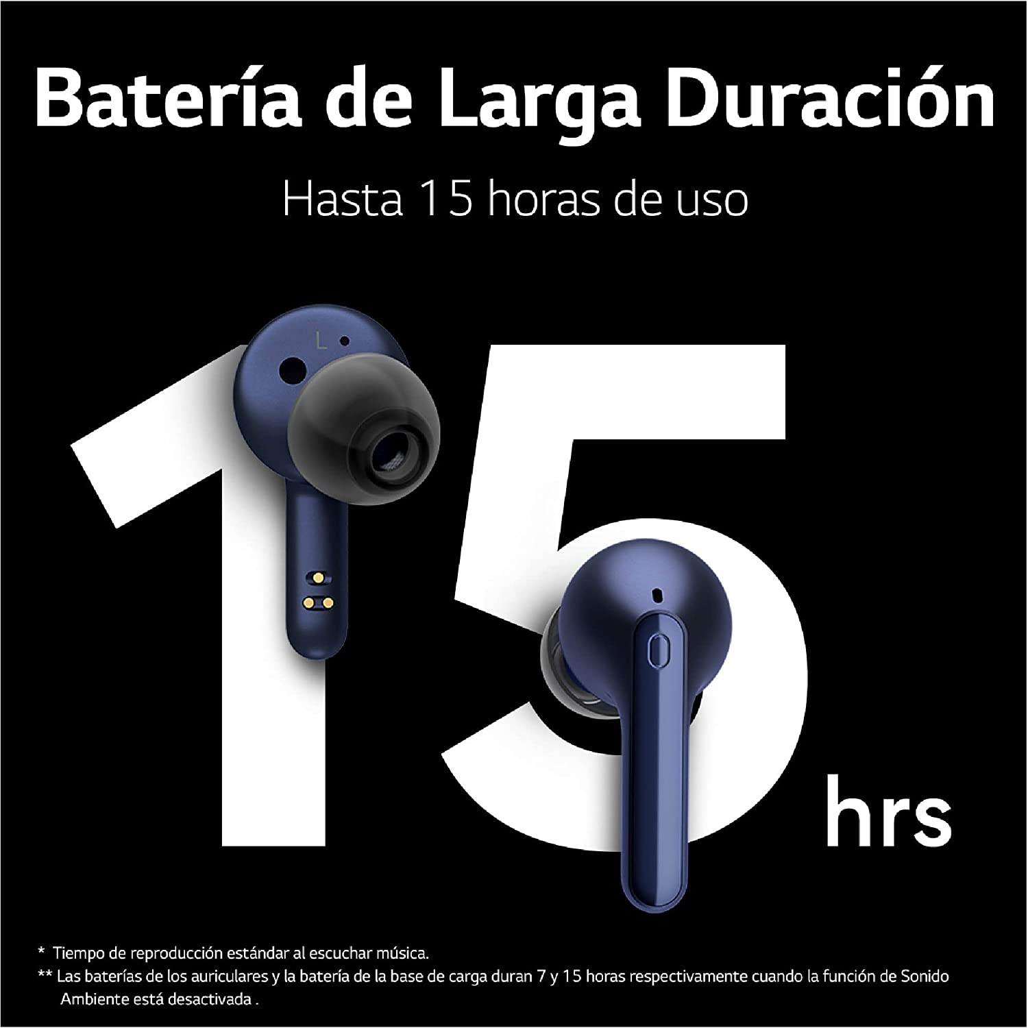 Auriculares con el número 15 y 'hrs' abajo. El texto indica 15 horas de uso.