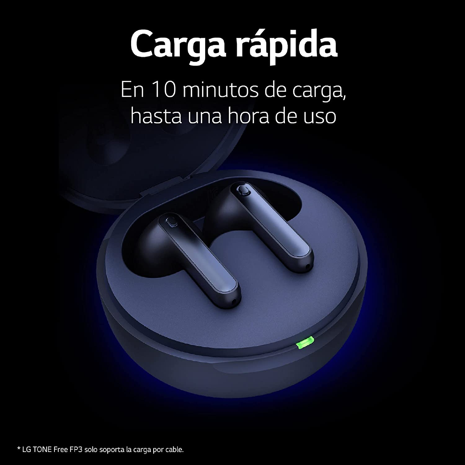 Auriculares en un estuche de carga, con texto sobre carga rápida.