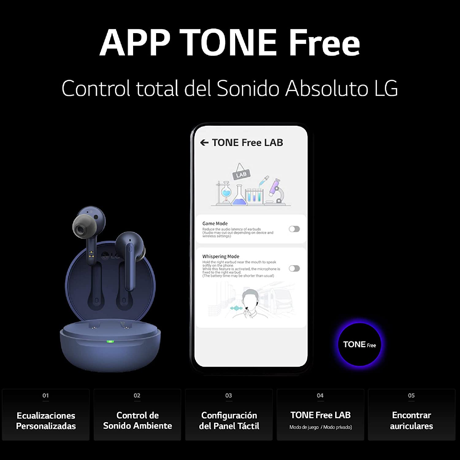 Interfaz de la aplicación de teléfono inteligente con auriculares inalámbricos azules y un estuche de carga. La interfaz muestra la configuración.