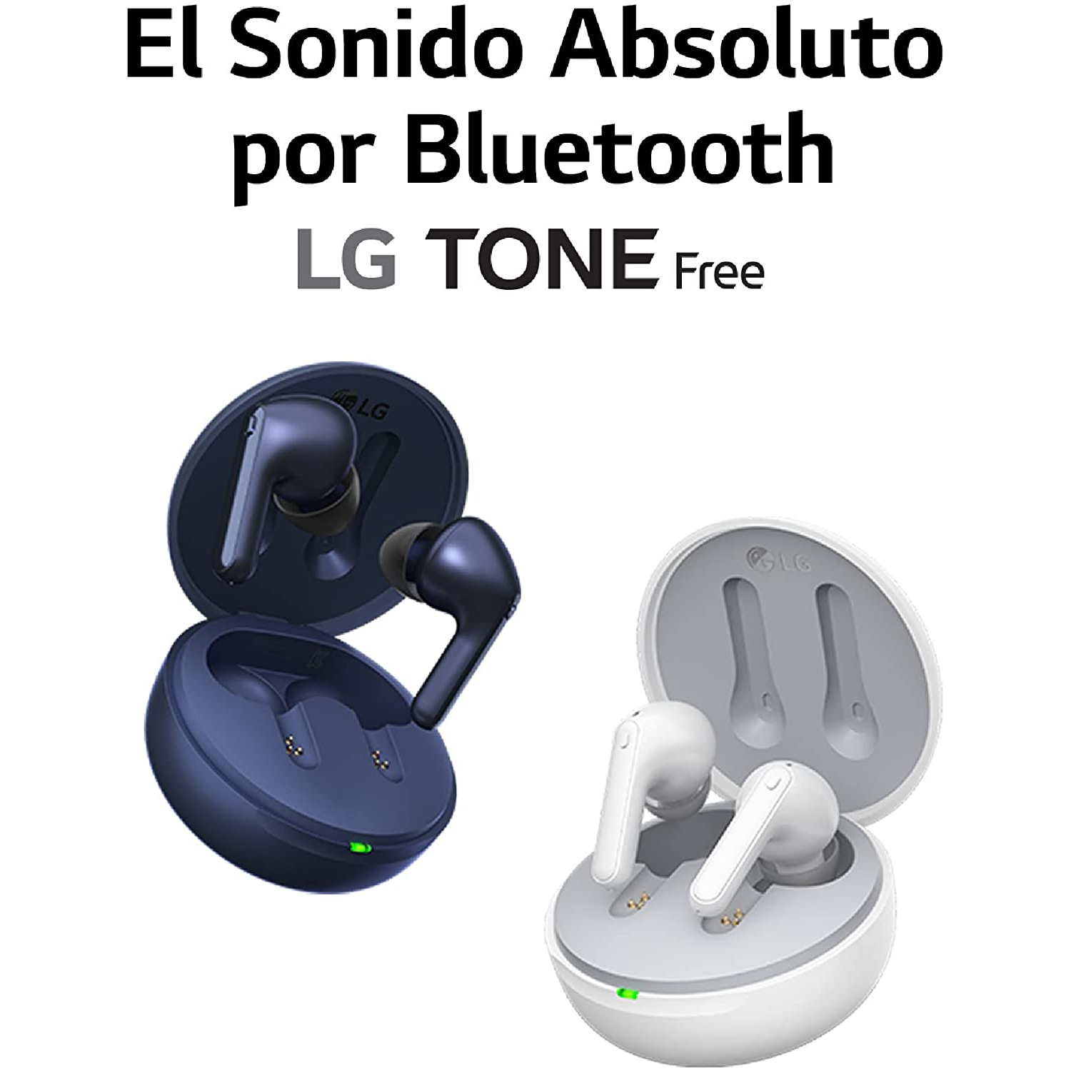 Auriculares inalámbricos azules y blancos en sus estuches de carga. Texto en español.
