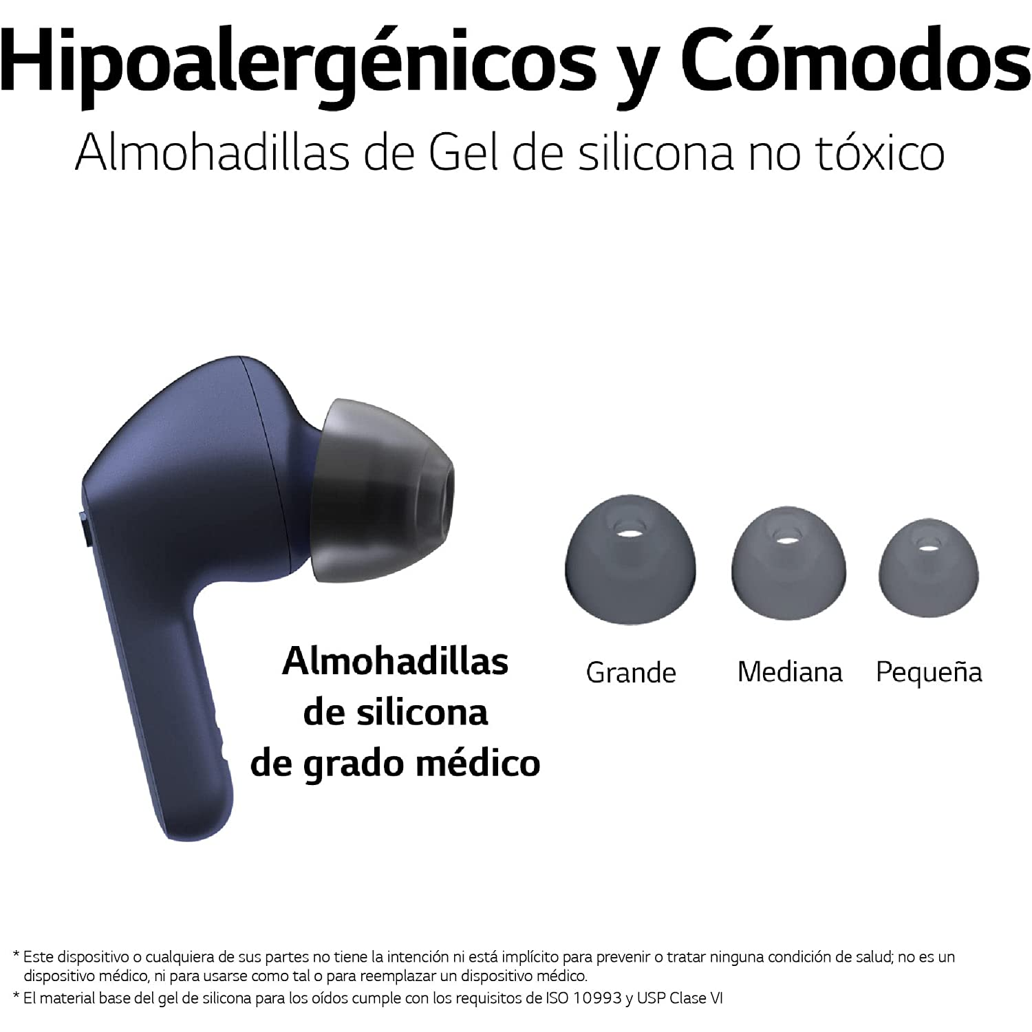 Auricular con tres tamaños y texto sobre silicona de gel.