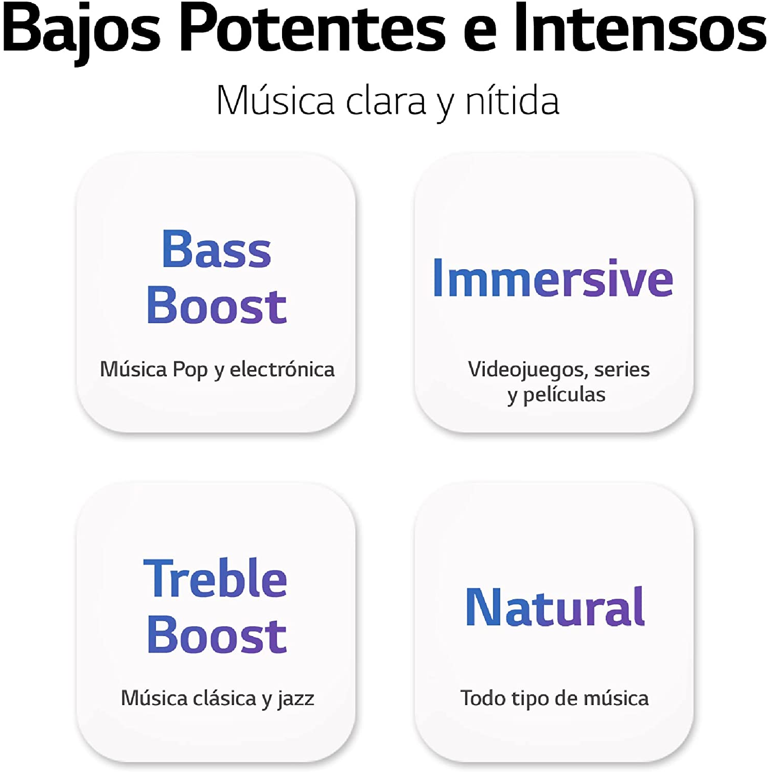 Imagen de cuatro cuadros de texto con configuraciones de música: Bass Boost, Immersive, Treble Boost y Natural.