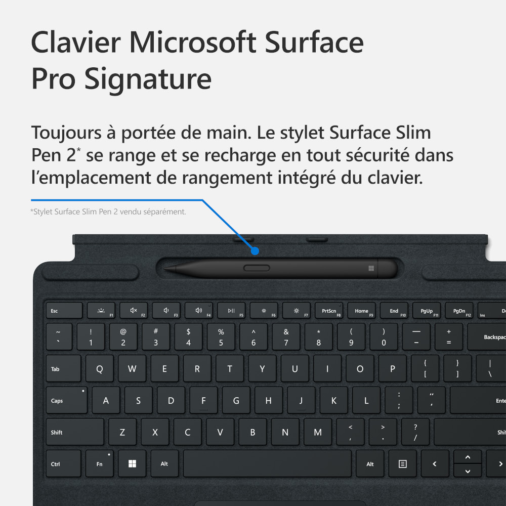 Microsoft Surface Pro Signature keyboard with an attached Surface Slim Pen 2.