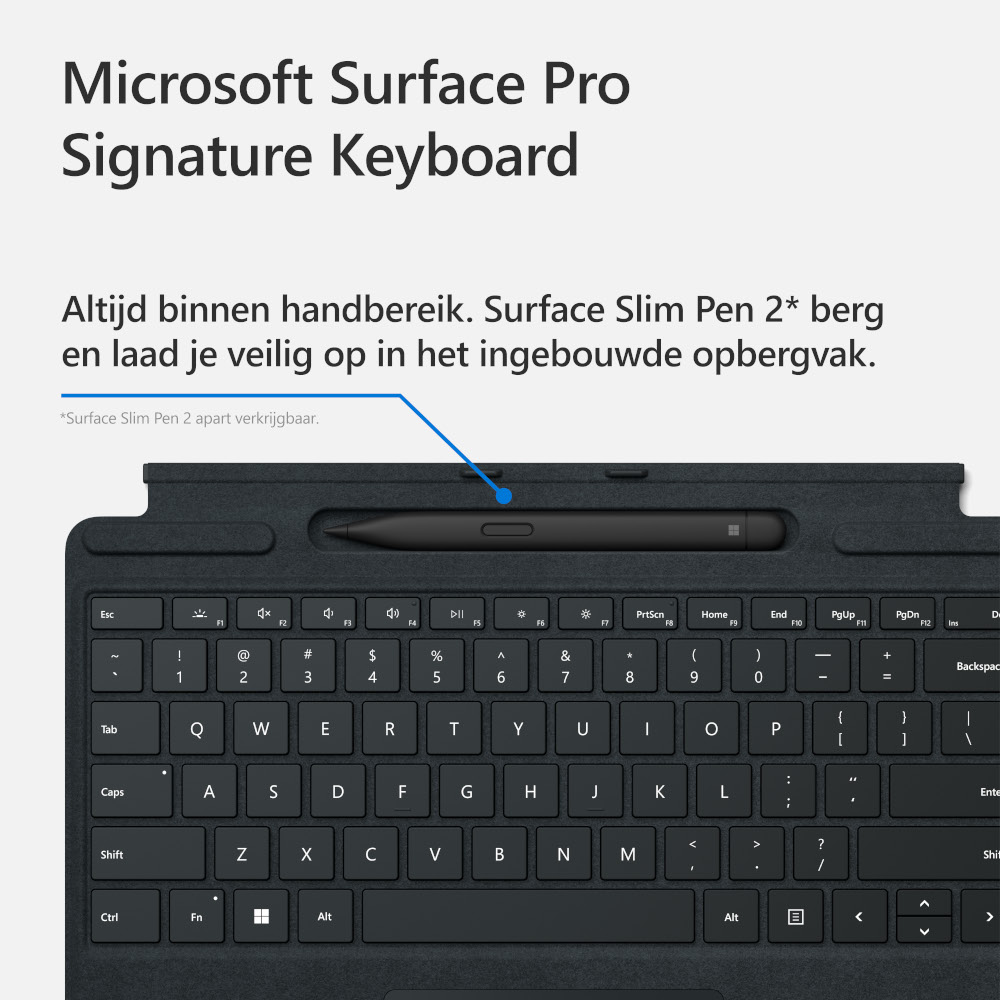 Black keyboard with pen, on a dark surface. Text says 'Microsoft Surface Pro Signature Keyboard'.