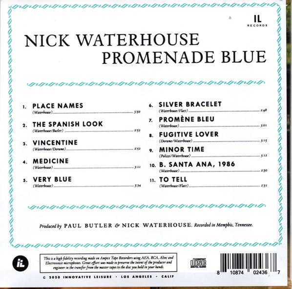 Albumcover mit Titelliste. Künstler 'Nick Waterhouse'. Blaues, grünes und weißes Design. Rückseite.