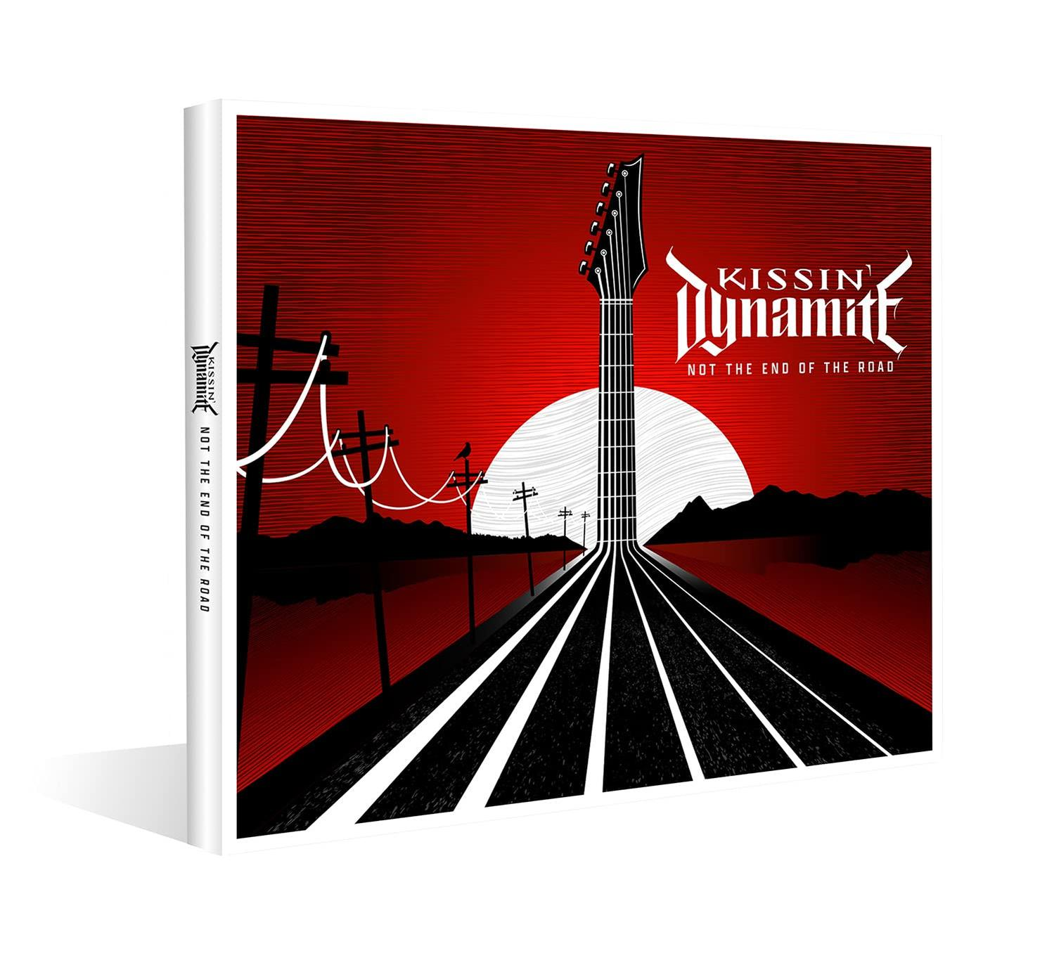 Ein CD-Albumcover mit einem Gitarrenhals, der sich von einer Straße in Richtung rotem Himmel erstreckt.