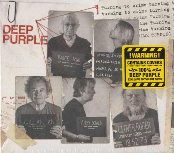 Albumcover von Deep Purple mit Mugshots von Bandmitgliedern und Warnhinweis-Aufkleber.