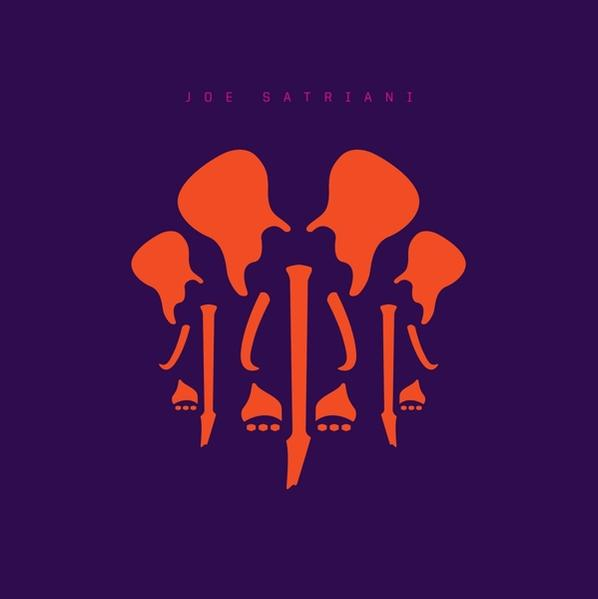 Pochette de l'album Joe Satriani avec des silhouettes en forme de guitare en orange sur fond violet.