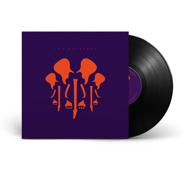 Pochette d'album de Joe Satriani avec des figures orange sur violet, vinyle noir.