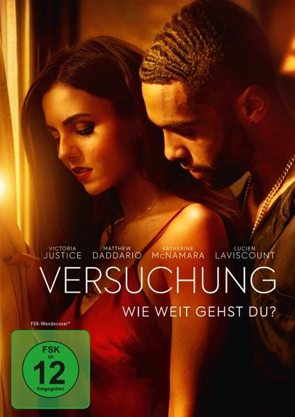 Filmposter mit einer Frau in rotem Kleid und einem Mann in dunkler Kleidung. Text lautet "Versuchung".