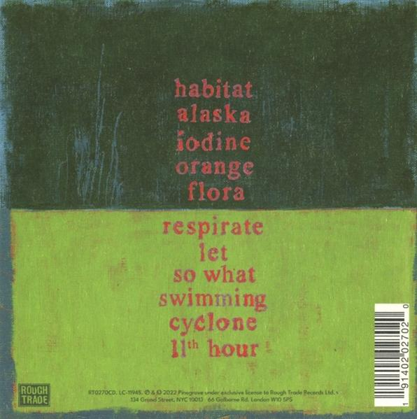 Albumcover mit Text: habitat, alaska, iodine, orange, flora, respire, let, so what, swimming, cyclone, 11th hour.