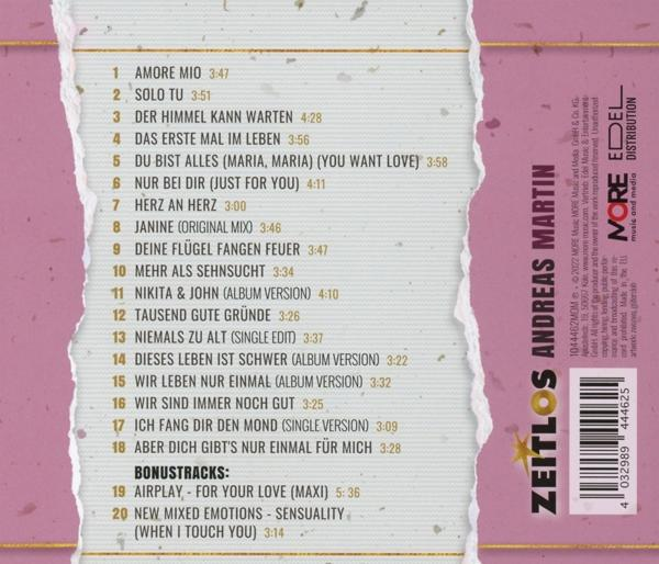 Albumcover listet Titellieder für Andreas Martins 'Zeitlos'. Rosa-weißes zerrissenes Papierdesign.