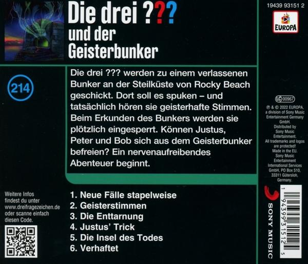 Rückseite einer CD-Hülle mit Text auf Deutsch. Der Titel lautet Die drei ??? und der Geisterbunker.