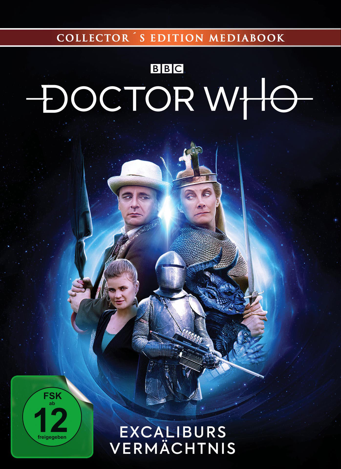 DVD-Cover: Doctor Who. Eine Gruppe von Leuten mit Schwertern und ein Ritter in Rüstung. Text unten.