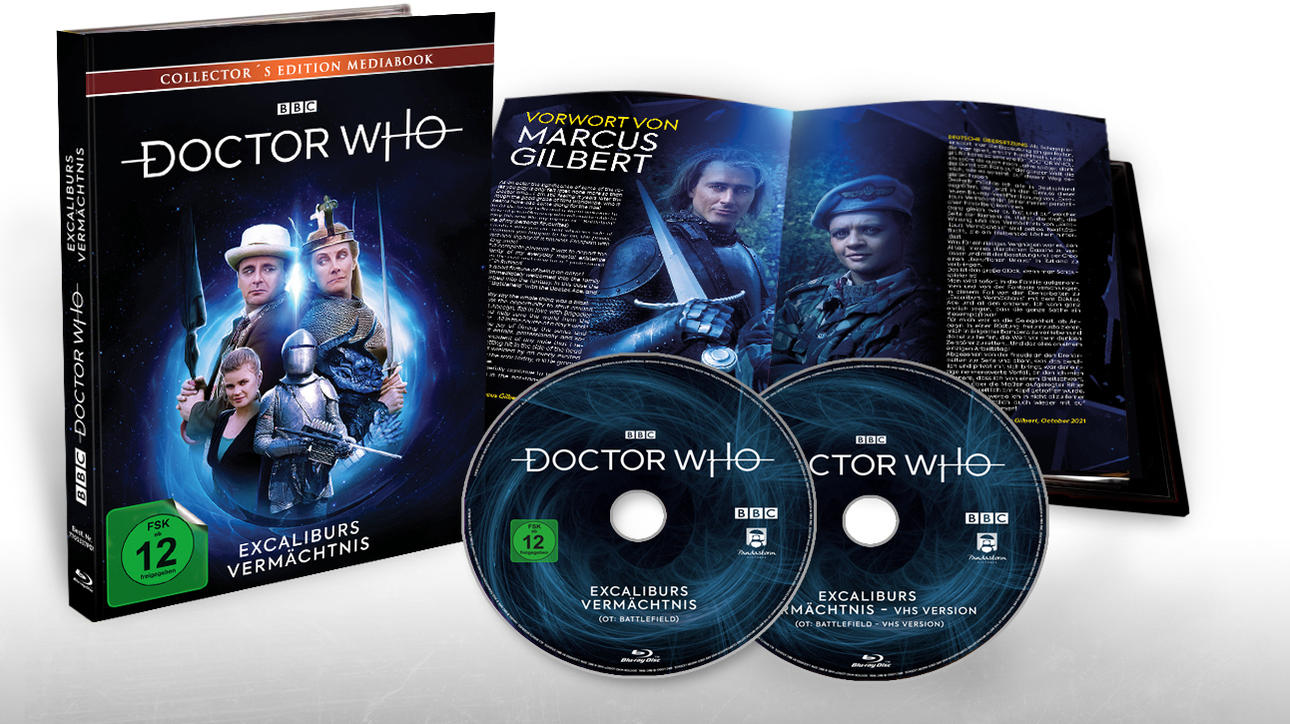 Sammleredition eines Doctor Who Blu-ray-Sets mit Discs und Booklet.