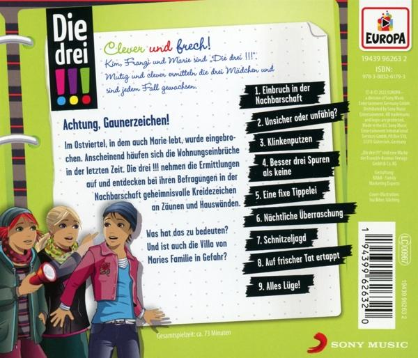 Rückseite eines 'Die drei !!!' Buches mit Comicfiguren und deutschem Text.