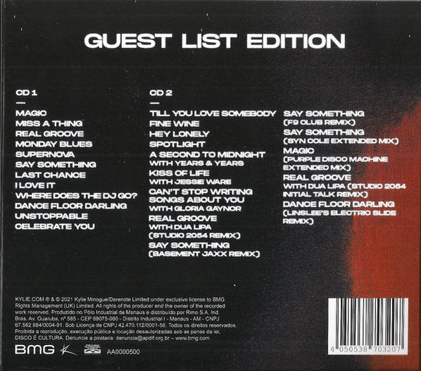 A 'Guest List Edition' CD-számlistája a CD1 és CD2 dalcímeivel.