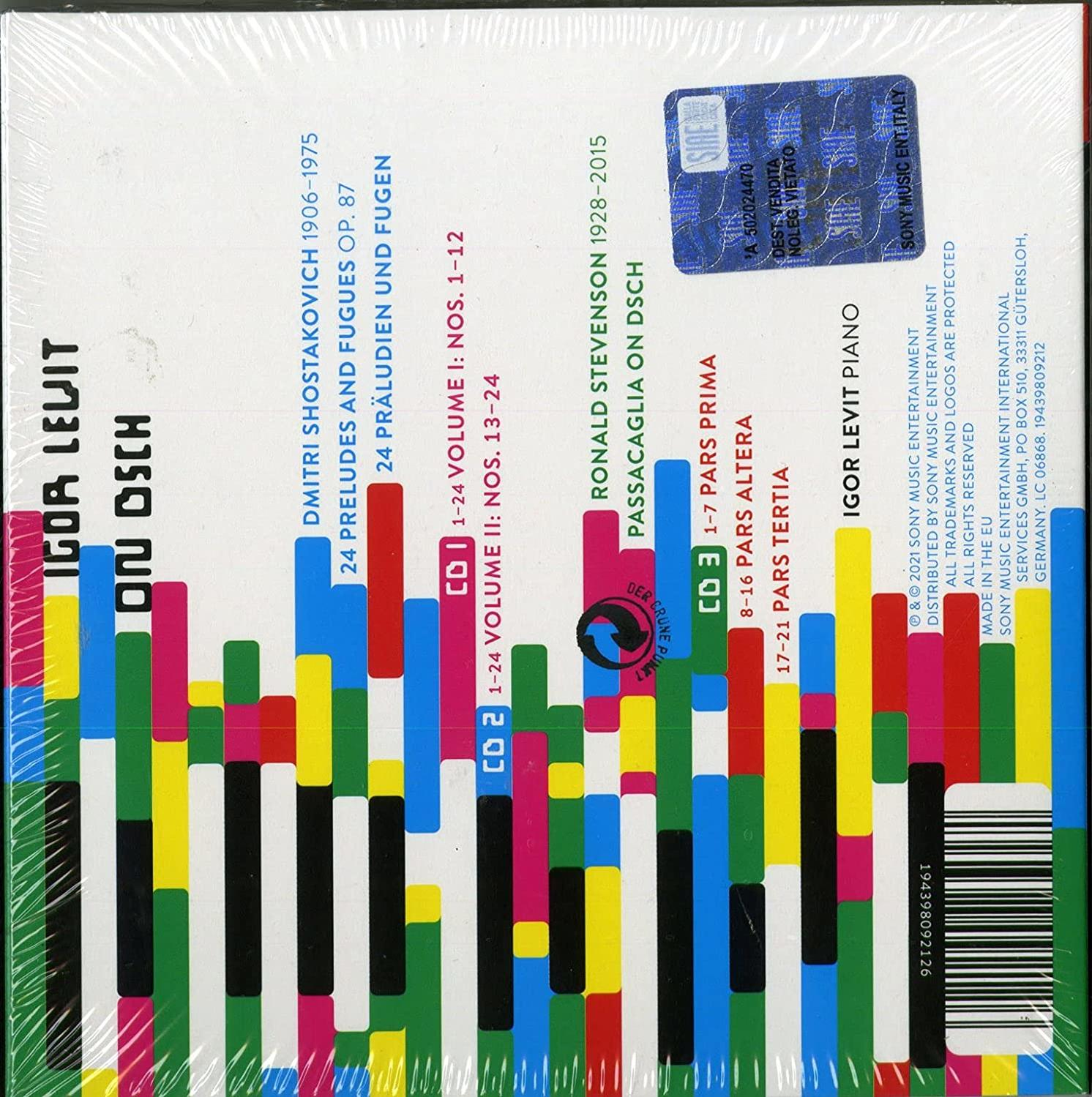 Eine CD-Hülle mit bunten Streifen und Text in mehreren Sprachen. Die Hülle ist versiegelt und zeigt CD-Details.
