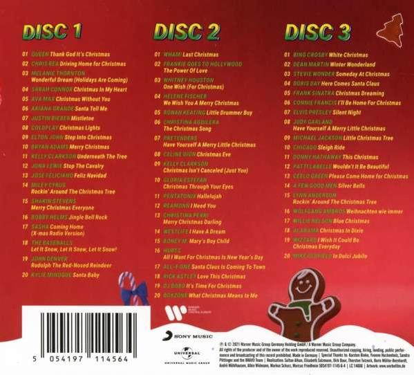 CD-Hülle mit Titellisten. Die Discs sind mit Disc 1, Disc 2 und Disc 3 beschriftet. Weihnachtslieder.