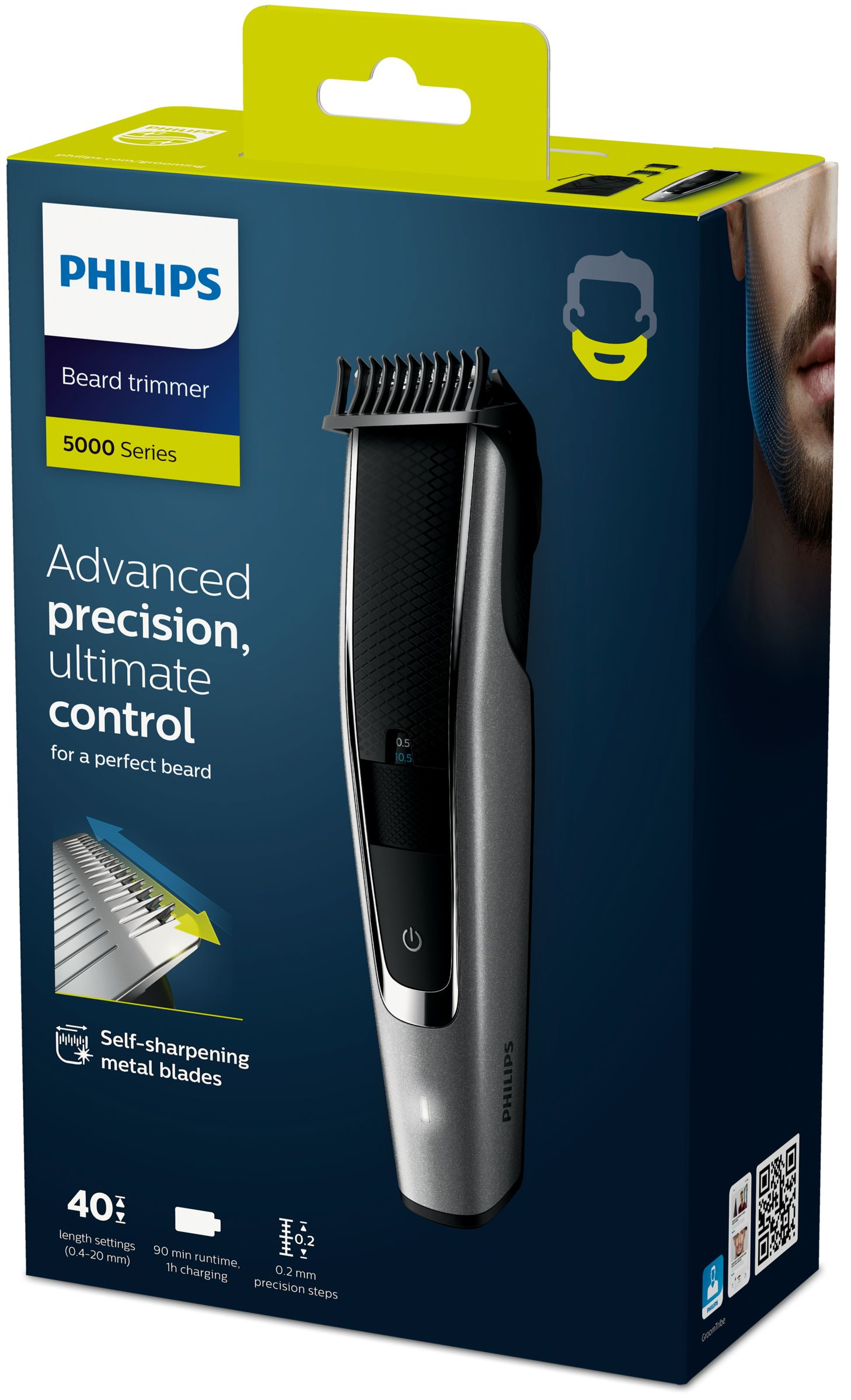 Een Philips baardtrimmer doos. Het toont het product, details en een close-up van het gezicht van een man. De doos is blauw en geel.
