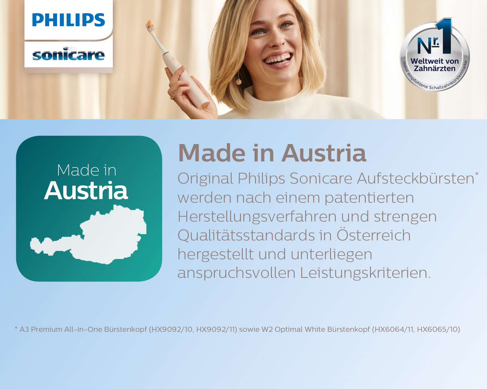 Lächelnde Frau hält Zahnbürste. Text: Made in Austria, Philips Sonicare.